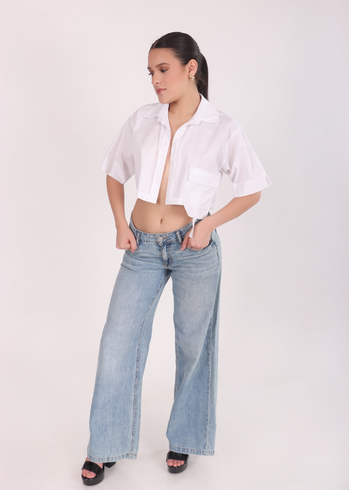 Drop Shoulder Patch Pocket Crop Shirt