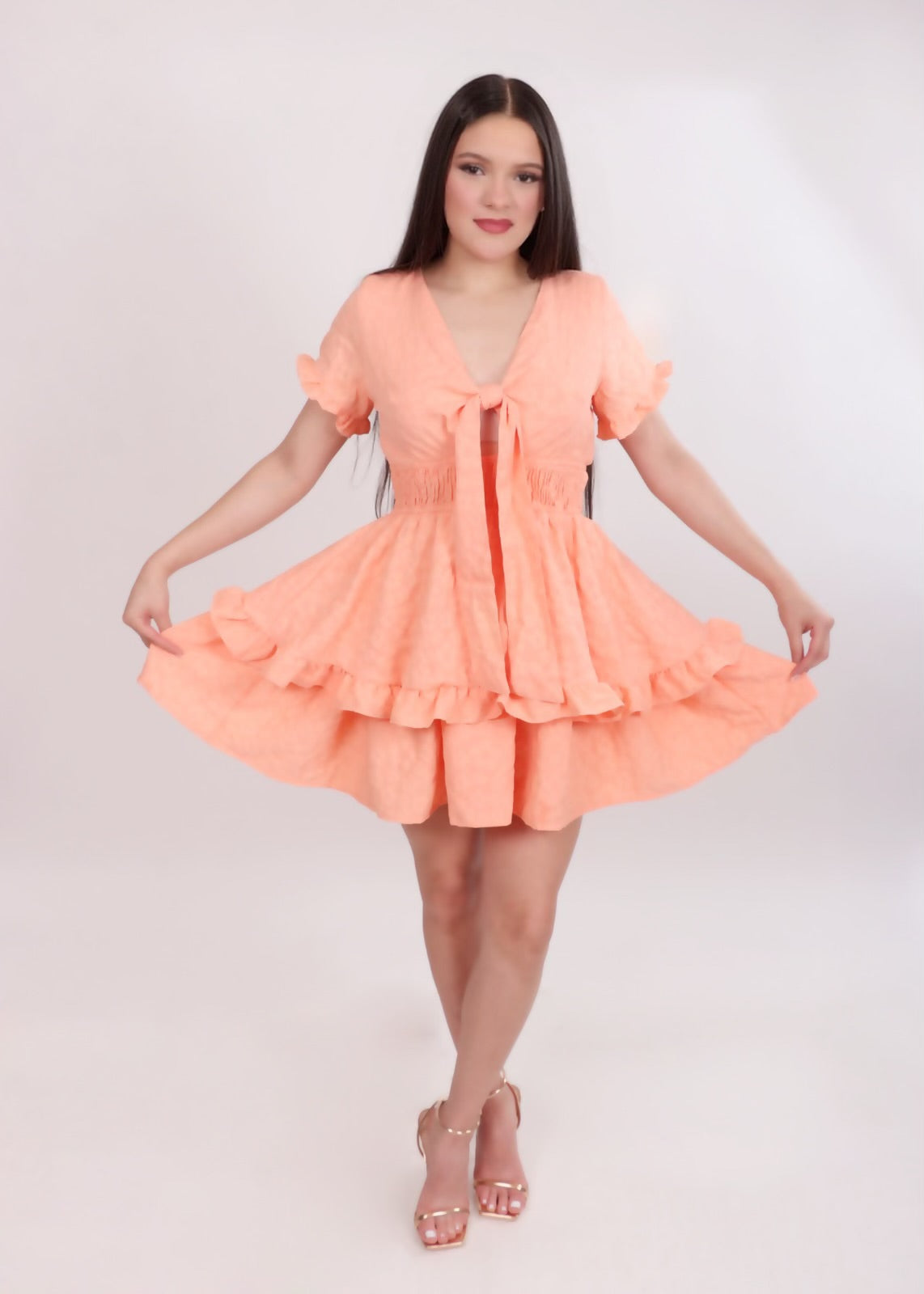 Coral Flowy Ruffle Sleeve Dress