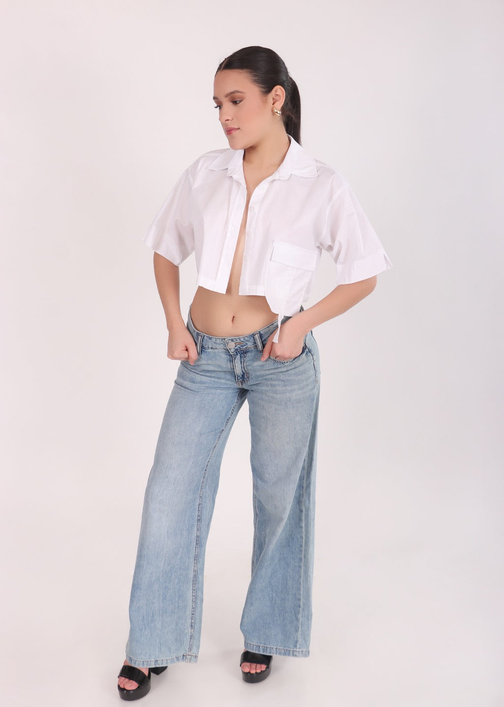 Drop Shoulder Patch Pocket Crop Shirt