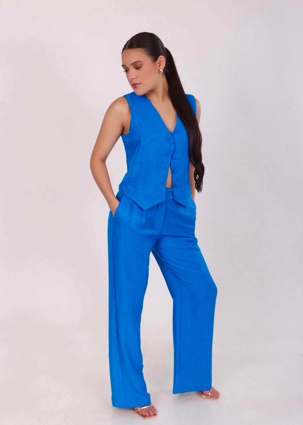 Button Up Vest With Straight Leg Pant Set
