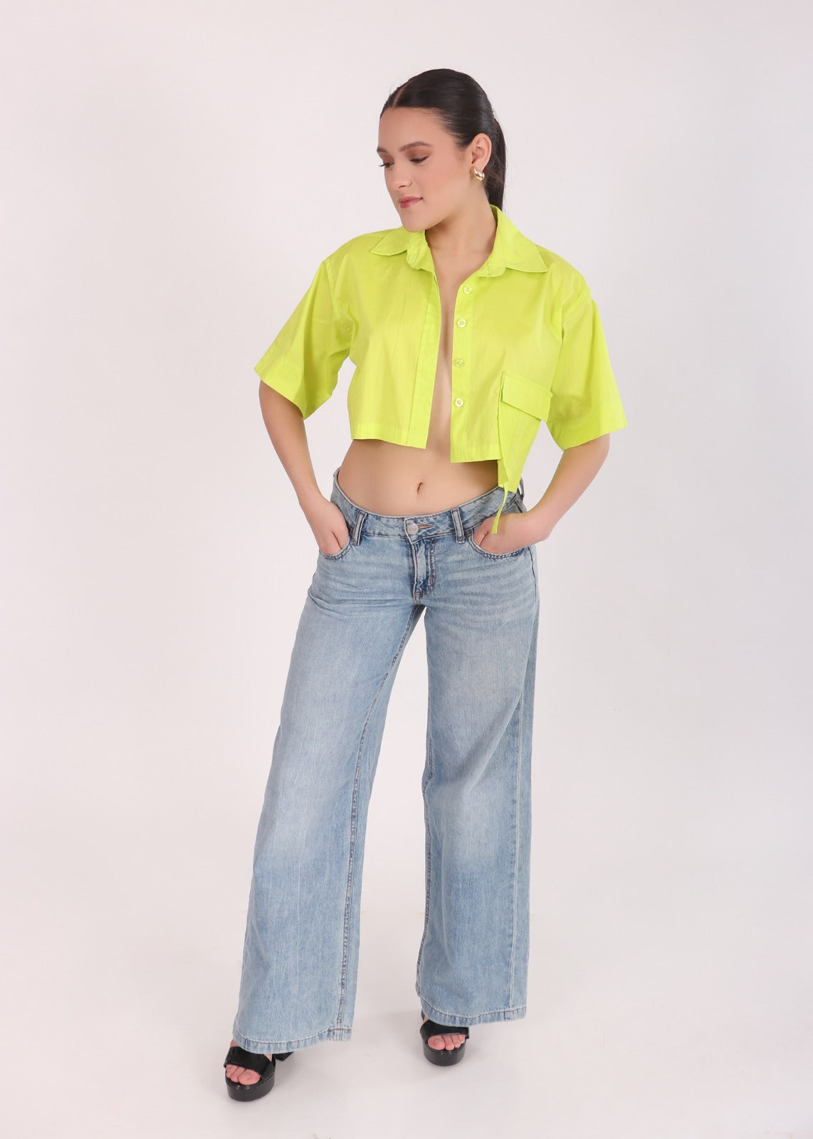 Drop Shoulder Patch Pocket Crop Shirt